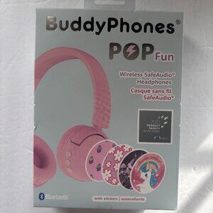 NEW Buddy Phones Pop Fun Wireless Safe Audio Pink Headphones with Stickers